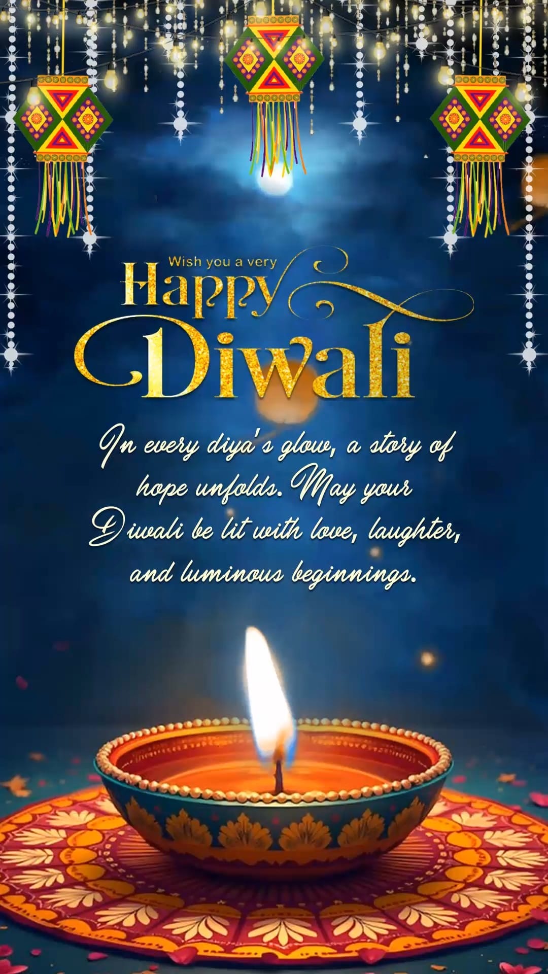 Diwali Invitation Video with Featuring Glowing Earthen Diya, Hanging Lanterns, and Sparkling Festive Ornaments