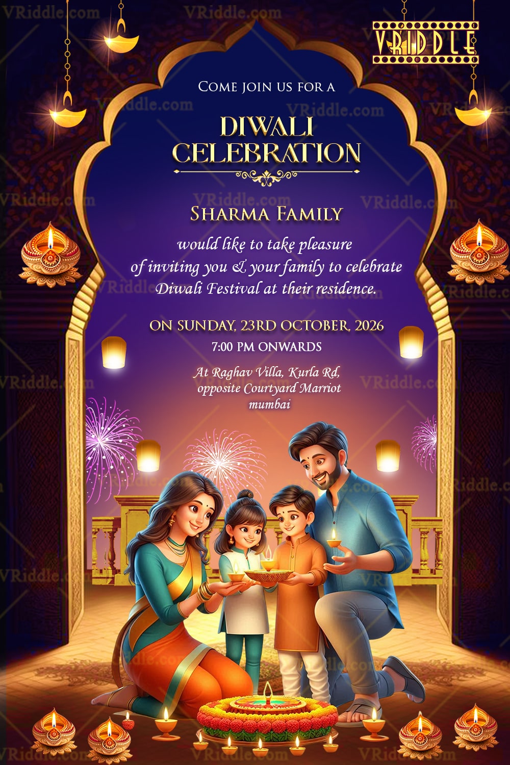 Diwali Invitation card with Family Joy Fireworks, Festive Warmth And Night of Lights Togetherness
