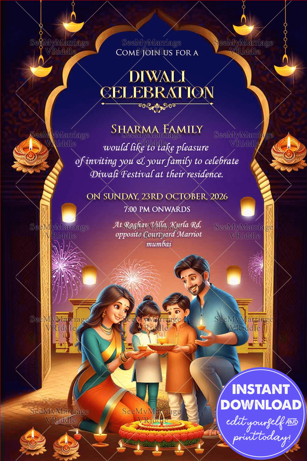 Diwali Invitation card with Family Joy Fireworks, Festive Warmth And Night of Lights Togetherness