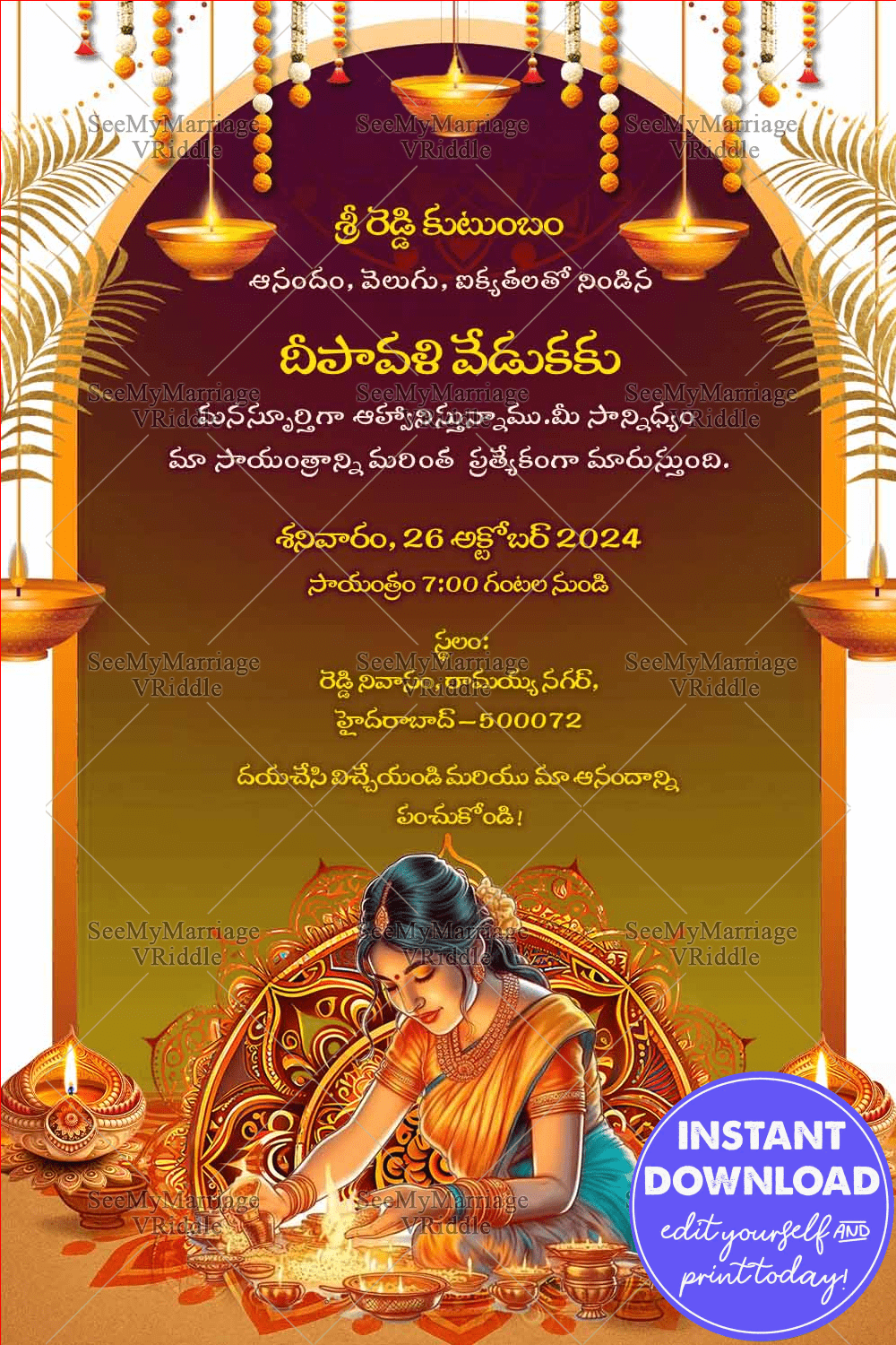 Diwali Telugu Invitation with Woman Creating Rangoli with Diyas, Marigold Decor and Golden Elegance