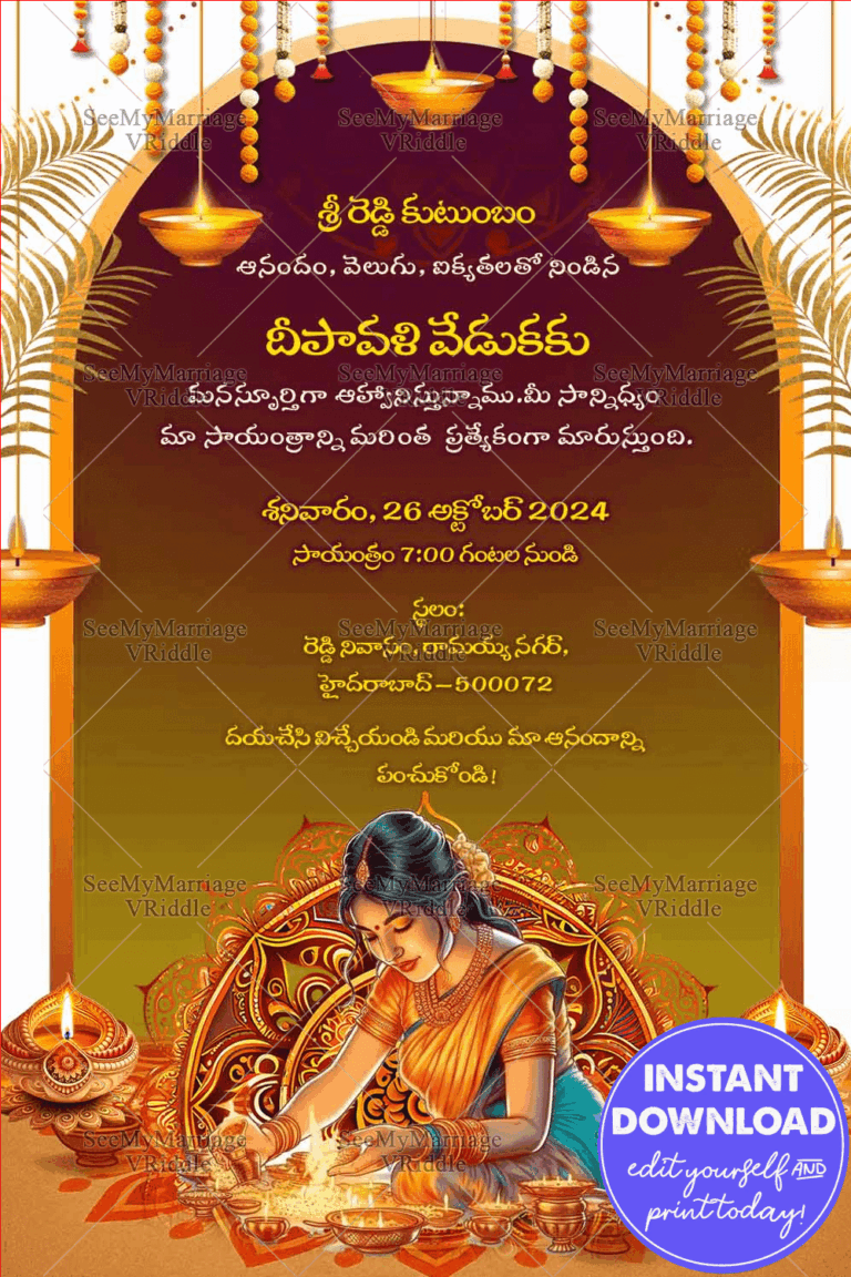 Diwali Telugu Invitation with Woman Creating Rangoli with Diyas, Marigold Decor and Golden Elegance