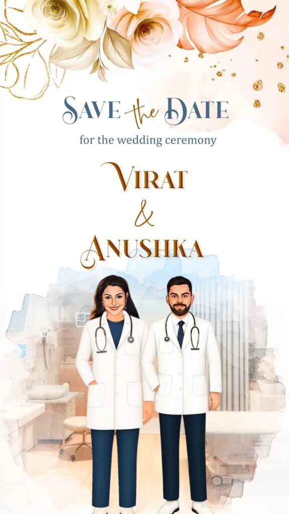 Doctor Love Wedding Save the Date Invitation Video with Medical Themed Illustration of Couple and Pastel Floral Accents