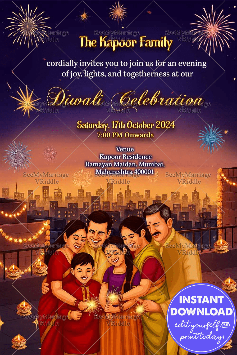 Festival of Lights Diwali Invitation with Family Warmth and Radiant Decor Festive Sparkles