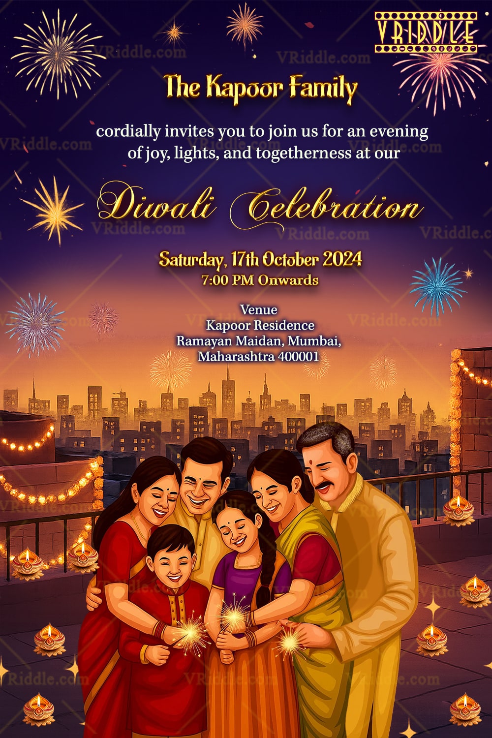 Festival of Lights Diwali Invitation with Family Warmth and Radiant Decor Festive Sparkles