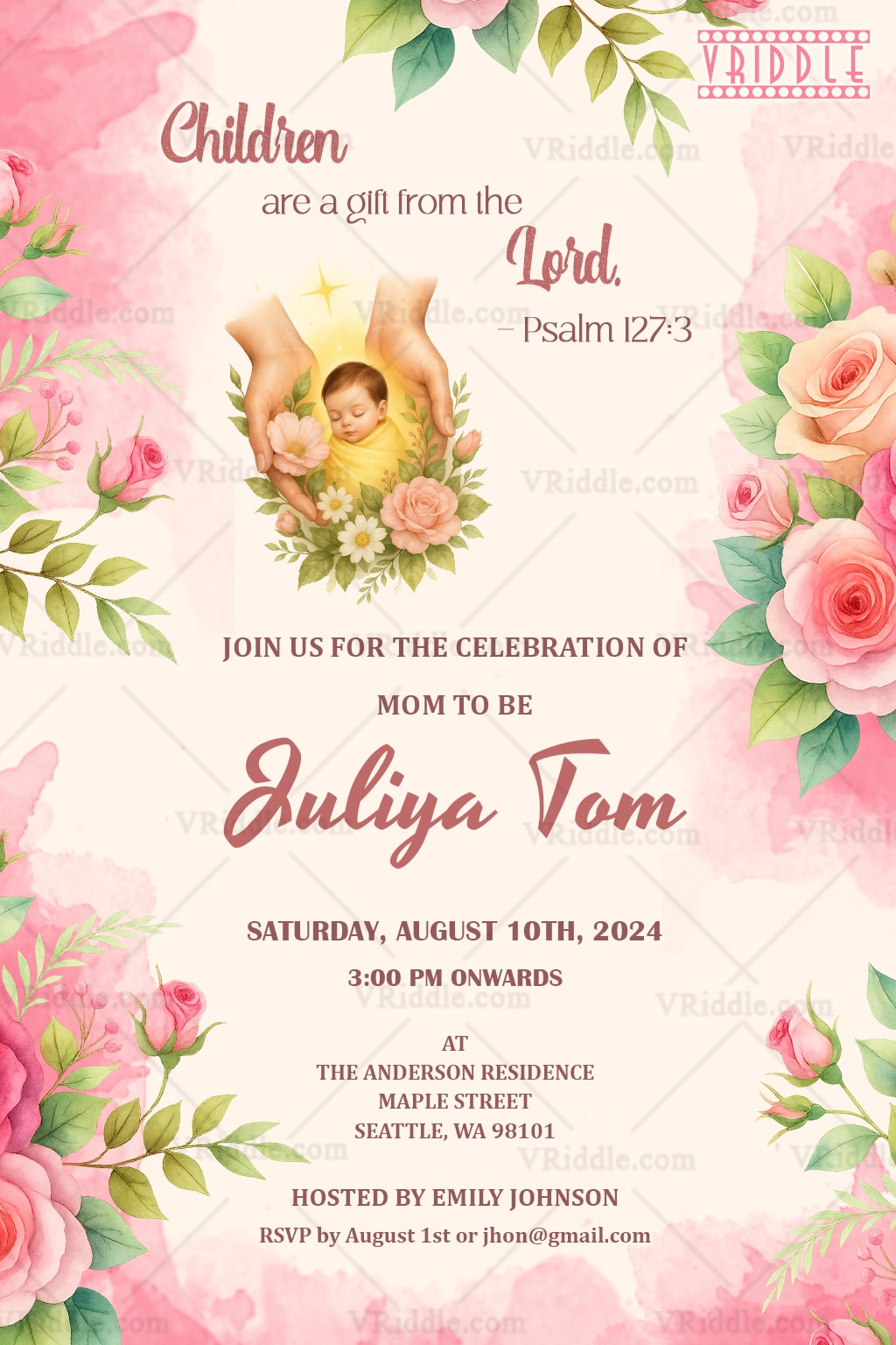 Floral Baby Shower Invitation Featuring Bible Verse Gentle Baby Illustration and Pastel Pink Watercolor Theme