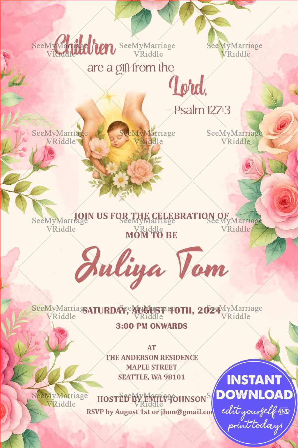 Floral Baby Shower Invitation Featuring Bible Verse Gentle Baby Illustration and Pastel Pink Watercolor Theme