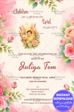 Floral Baby Shower Invitation Featuring Bible Verse Gentle Baby Illustration and Pastel Pink Watercolor Theme
