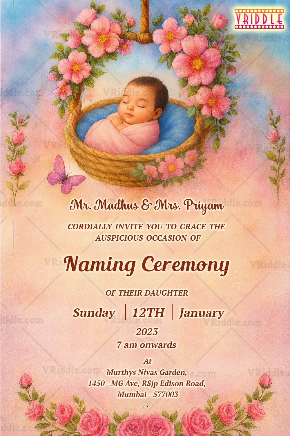 Floral Cradle Bliss Naming Ceremony Invitation Card Featuring Sleeping Baby, Hanging Cradle and Pastel Dreamscape