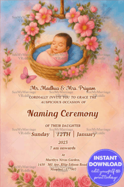 Floral Cradle Bliss Naming Ceremony Invitation Card Featuring Sleeping Baby, Hanging Cradle and Pastel Dreamscape