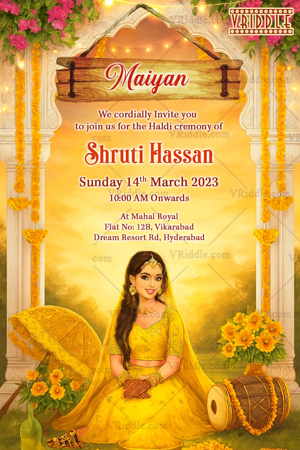 Floral Haldi Ceremony Invitation with Bride Illustration Yellow Theme Decor and Dhol Elements