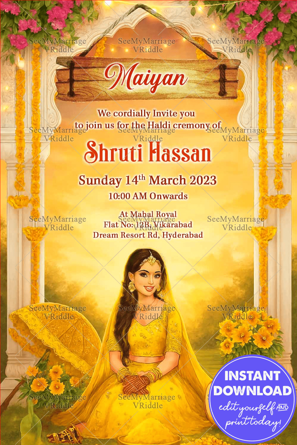Floral Haldi Ceremony Invitation with Bride Illustration Yellow Theme Decor and Dhol Elements