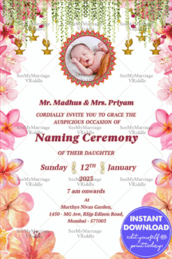 Floral Naming Ceremony Invitation Featuring Add Baby Photo Frame Option, Hanging Lamps and Tropical Blossom Design