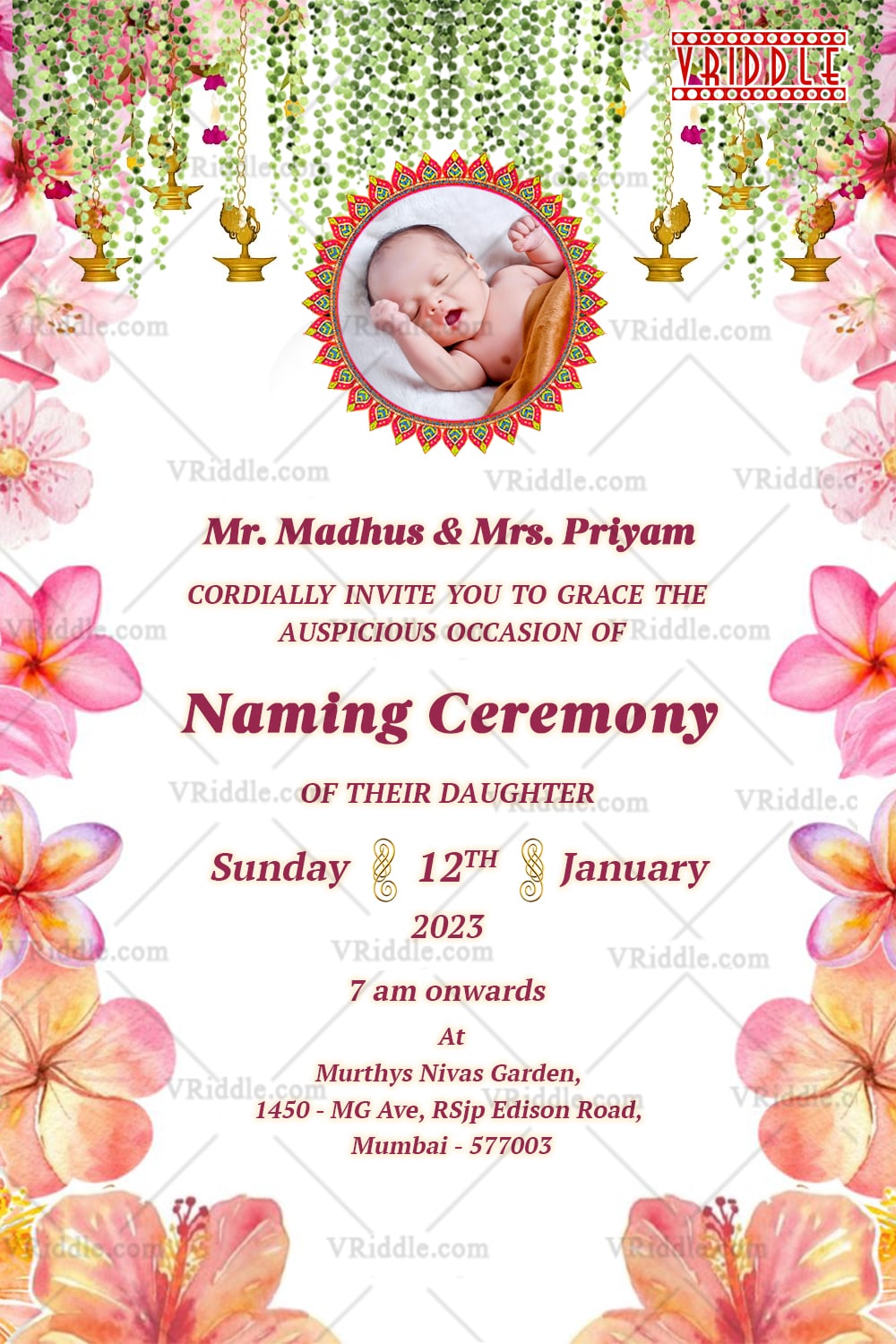 Floral Naming Ceremony Invitation Featuring Add Baby Photo Frame Option, Hanging Lamps and Tropical Blossom Design