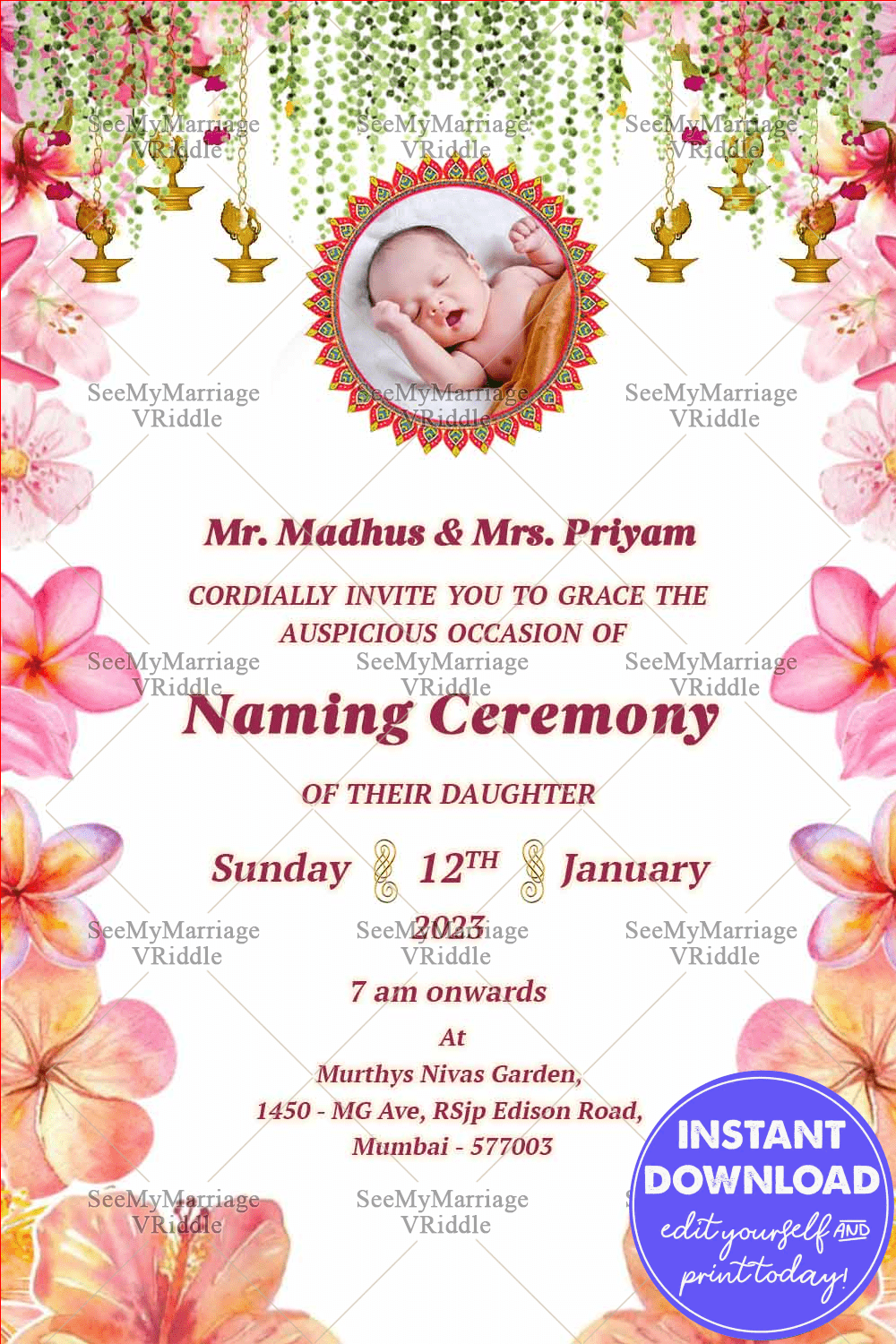 Floral Naming Ceremony Invitation Featuring Add Baby Photo Frame Option, Hanging Lamps and Tropical Blossom Design