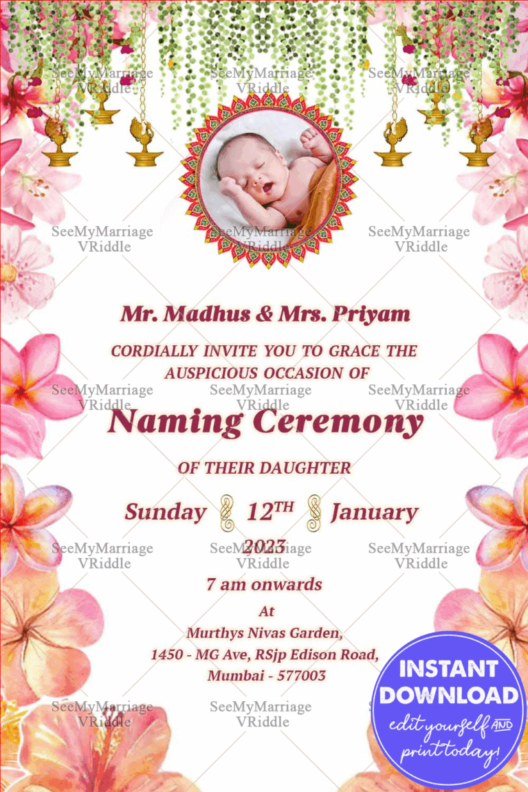 Floral Naming Ceremony Invitation Featuring Add Baby Photo Frame Option, Hanging Lamps and Tropical Blossom Design