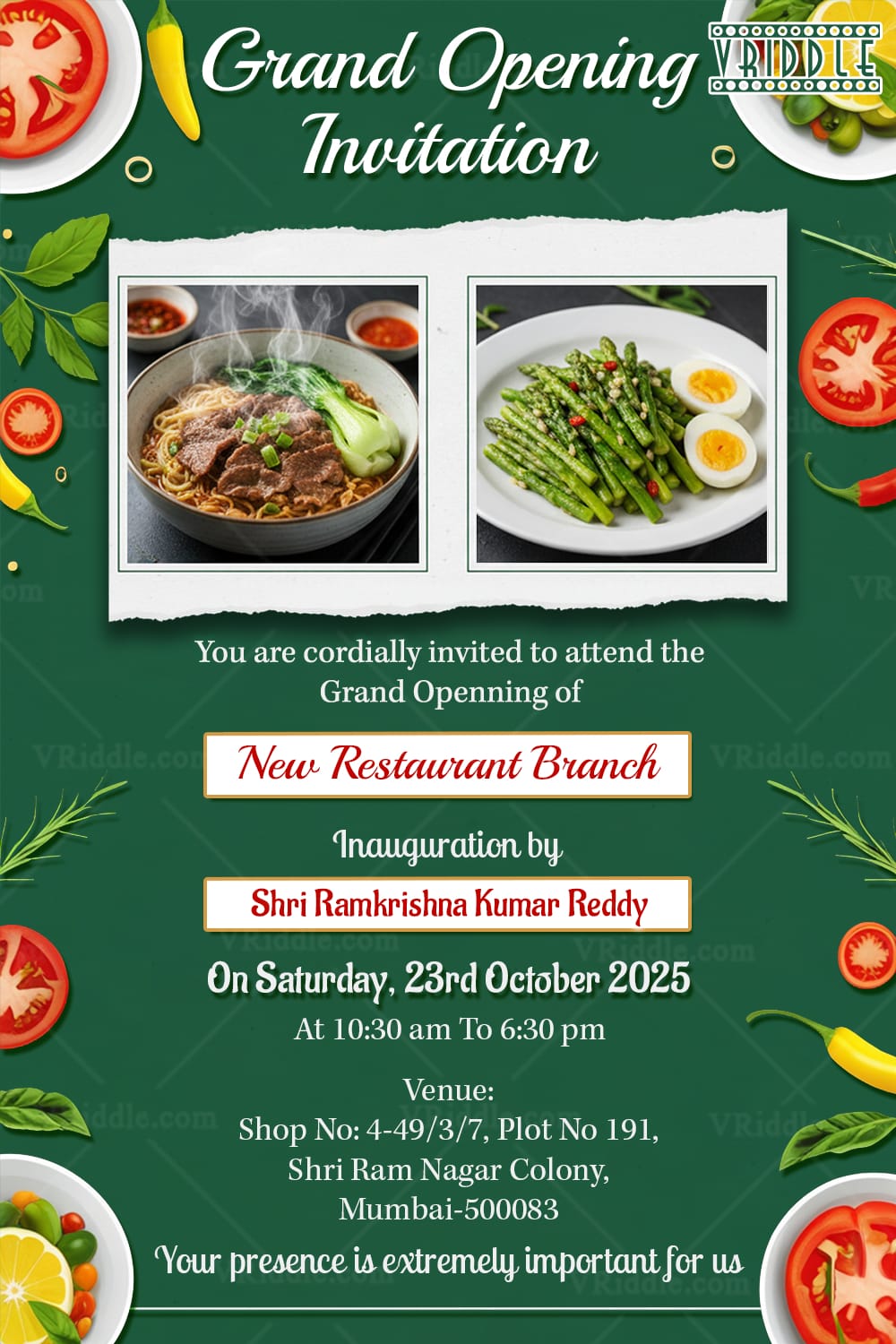 Food Themed Grand Restaurant Opening Invitation Card with Add Photos and Fresh Design