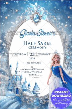 Frozen Half Saree Ceremony Invitation with Princess Elsa illustration, Royal Blue Elegance