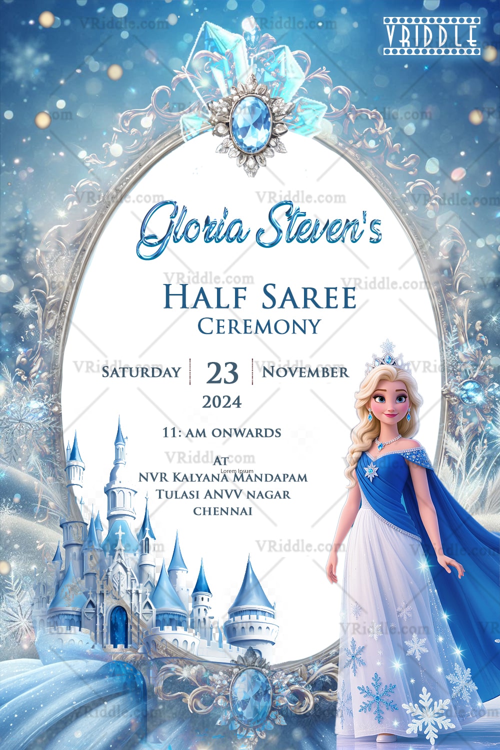 Frozen Half Saree Ceremony Invitation with Princess Elsa illustration, Royal Blue Elegance