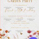 Garden Party Invitation with Wildflower Border, Butterflies, and Soft Textured Background