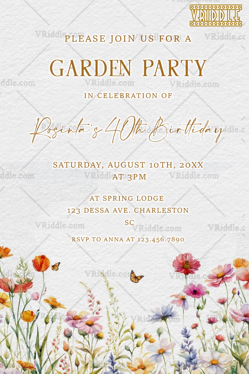 Garden Party Invitation with Wildflower Border, Butterflies, and Soft Textured Background