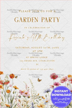Garden Party Invitation with Wildflower Border, Butterflies, and Soft Textured Background
