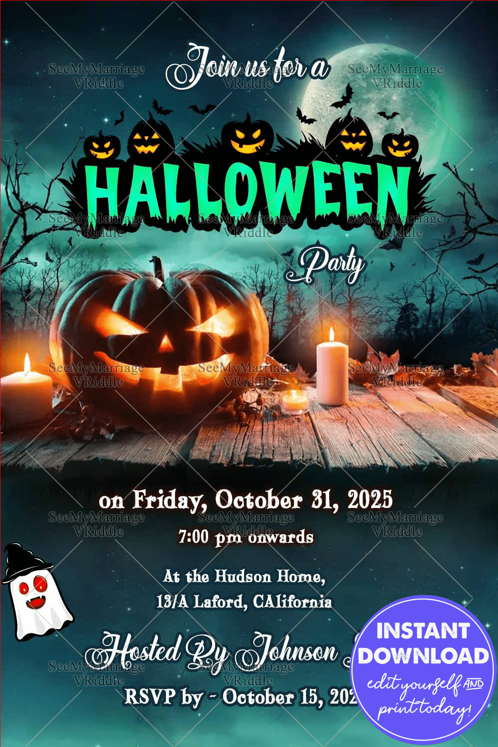 Glowing Pumpkins Halloween Party Invitation with Full Moon, Ghosts, and Autumn Decor