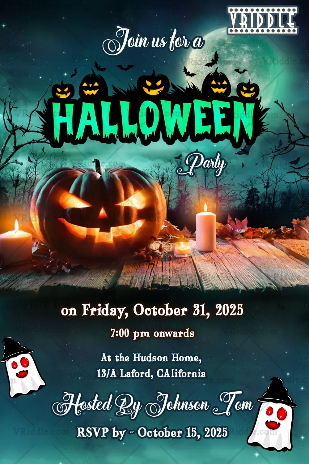 Glowing Pumpkins Halloween Party Invitation with Full Moon, Ghosts, and Autumn Decor