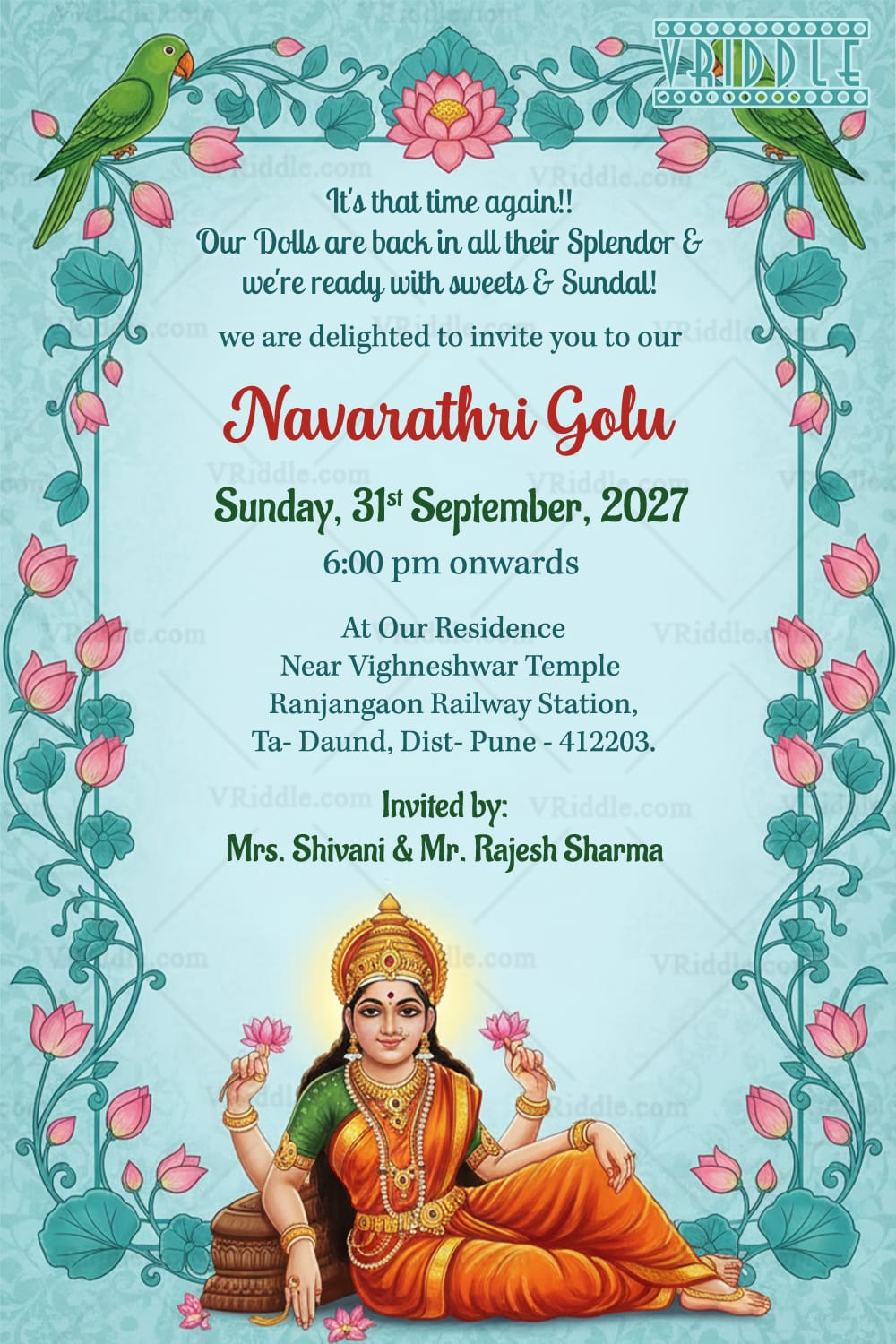 Goddess Lakshmi Navarathri Golu Invitation Card with Green Parrots, Pink Lotus Floral Border and Pastel Teal Background