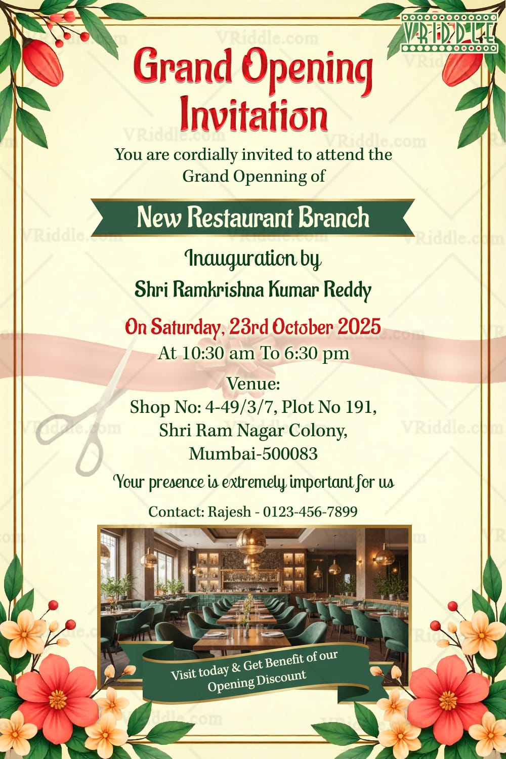 Grand Opening Invitation Card for New Restaurant Branch with Add Photo and Promotional Opening Discount Highlight