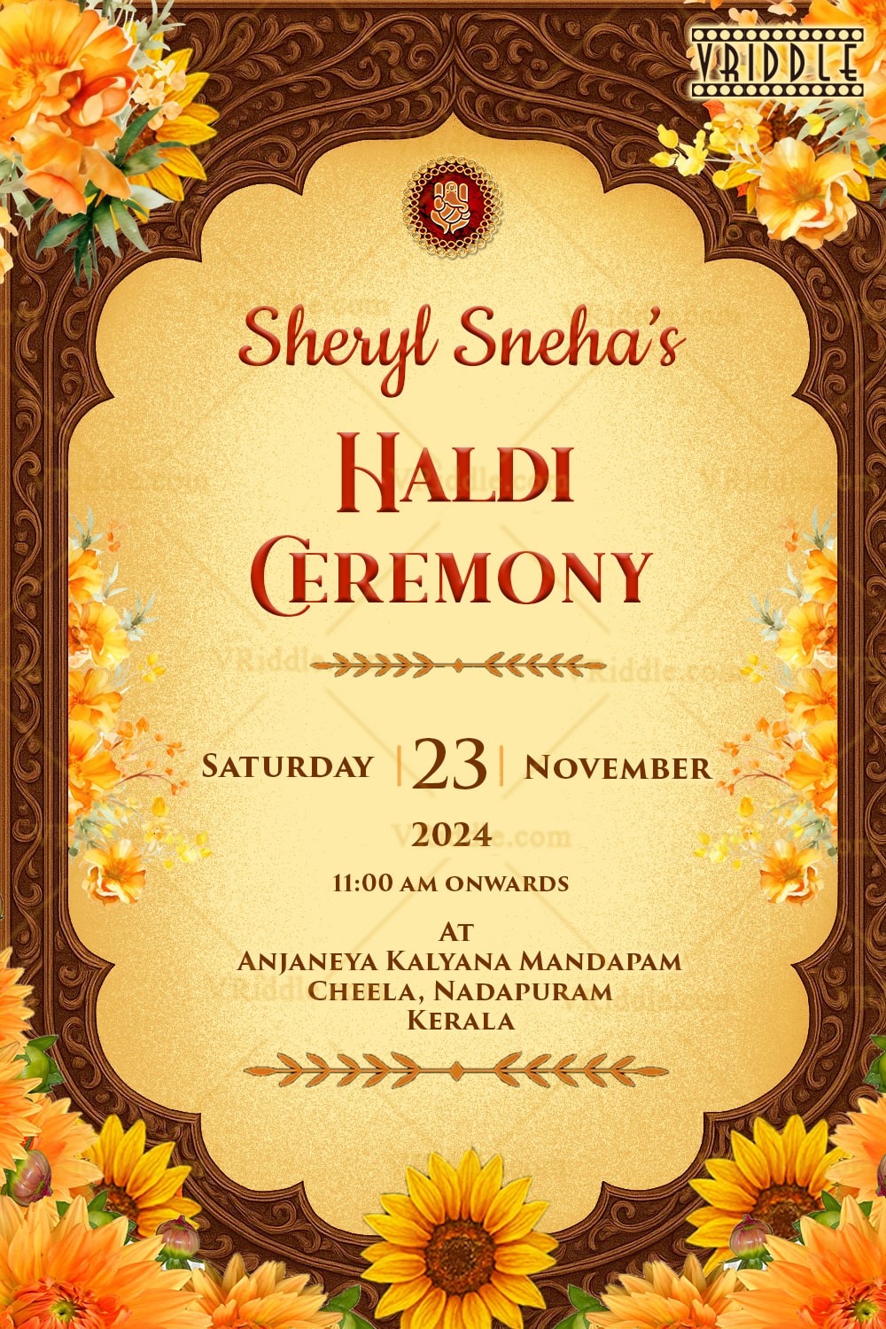 Haldi Ceremony Invitation Featuring Wooden Arch Frame with Yellow Floral Accents and Sunflower Theme