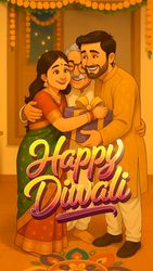 Heartwarming Diwali Invitation Video with Cartoon Family Illustration and Traditional Rangoli in Festive Warm Tones