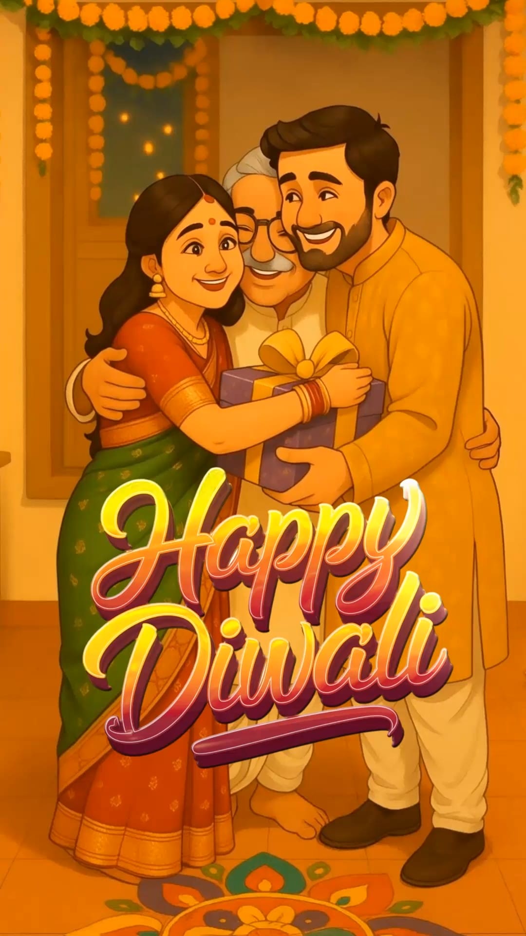 Heartwarming Diwali Invitation Video with Cartoon Family Illustration and Traditional Rangoli in Festive Warm Tones