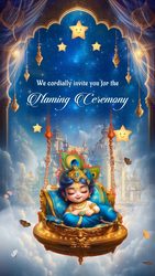 Heavenly Baby Krishna Naming Ceremony Invitation Video with Golden Swing, Starry Night Sky and Floating Clouds with Butterflies