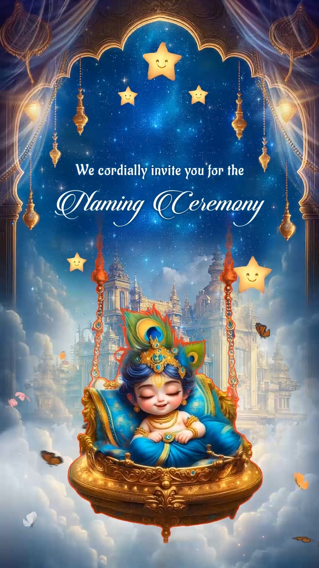 Heavenly Baby Krishna Naming Ceremony Invitation Video with Golden Swing, Starry Night Sky and Floating Clouds with Butterflies