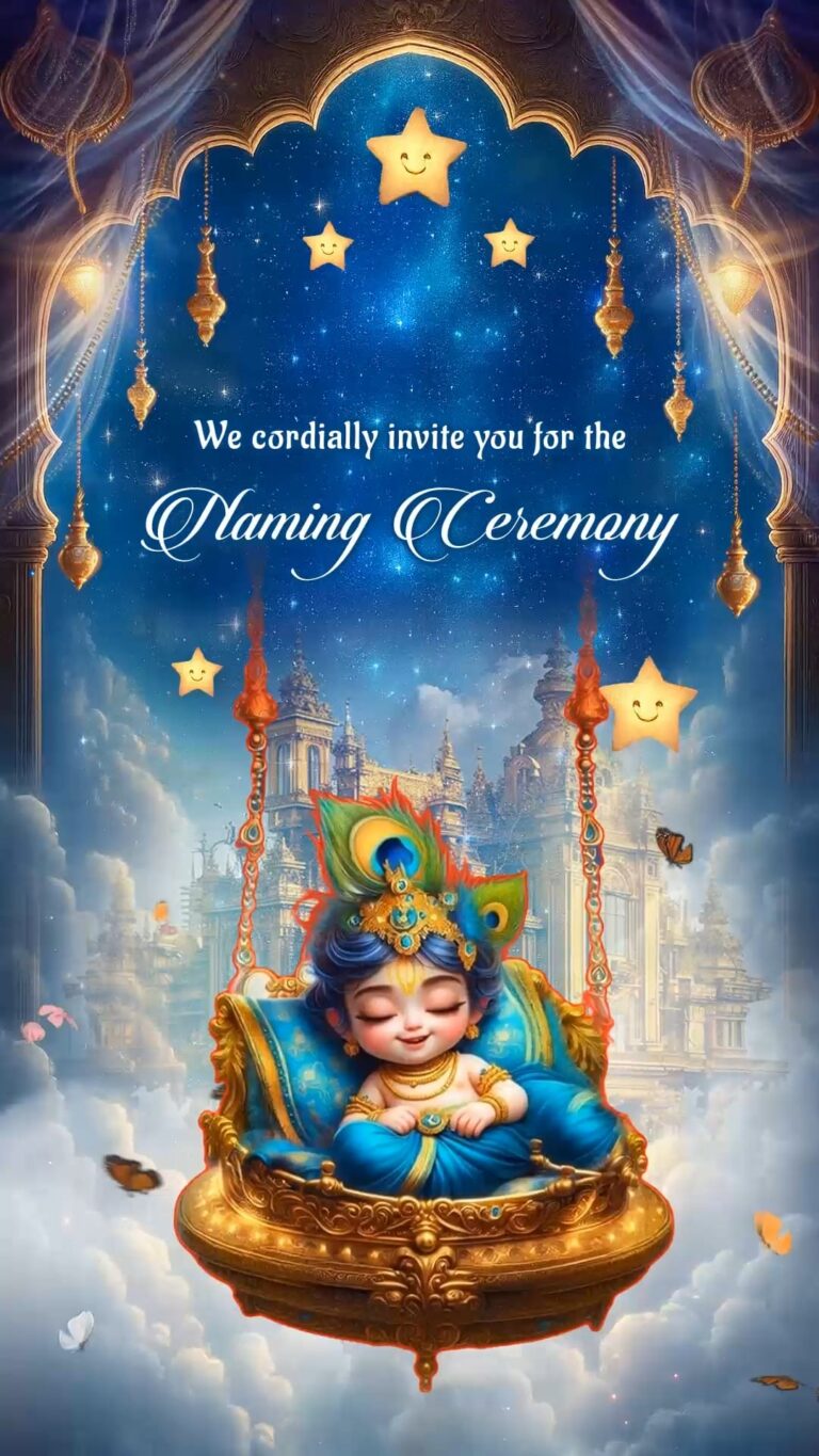 Heavenly Baby Krishna Naming Ceremony Invitation Video with Golden Swing, Starry Night Sky and Floating Clouds with Butterflies