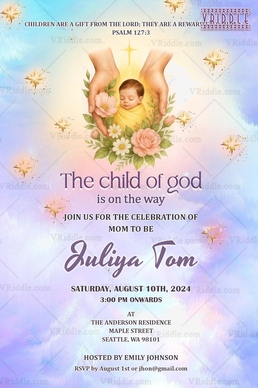 Heavenly Christian Baby Shower Invitation Featuring Divine Baby Illustration Soft Pastels and Floral Elements