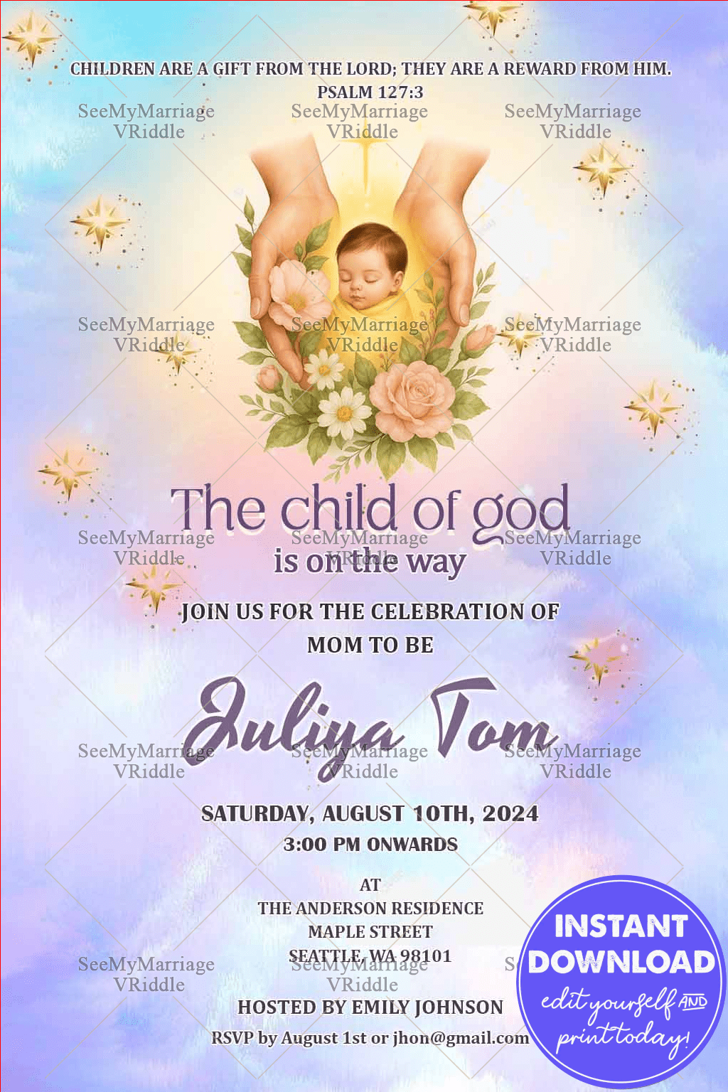 Heavenly Christian Baby Shower Invitation Featuring Divine Baby Illustration Soft Pastels and Floral Elements