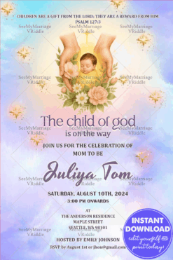 Heavenly Christian Baby Shower Invitation Featuring Divine Baby Illustration Soft Pastels and Floral Elements