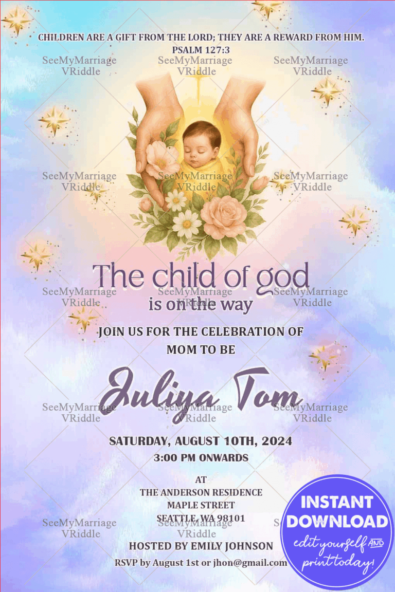 Heavenly Christian Baby Shower Invitation Featuring Divine Baby Illustration Soft Pastels and Floral Elements