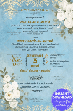 Islamic Malayalam Wedding Invitation with Blue Floral Background, Vintage Patterns & Save the Date Highlight