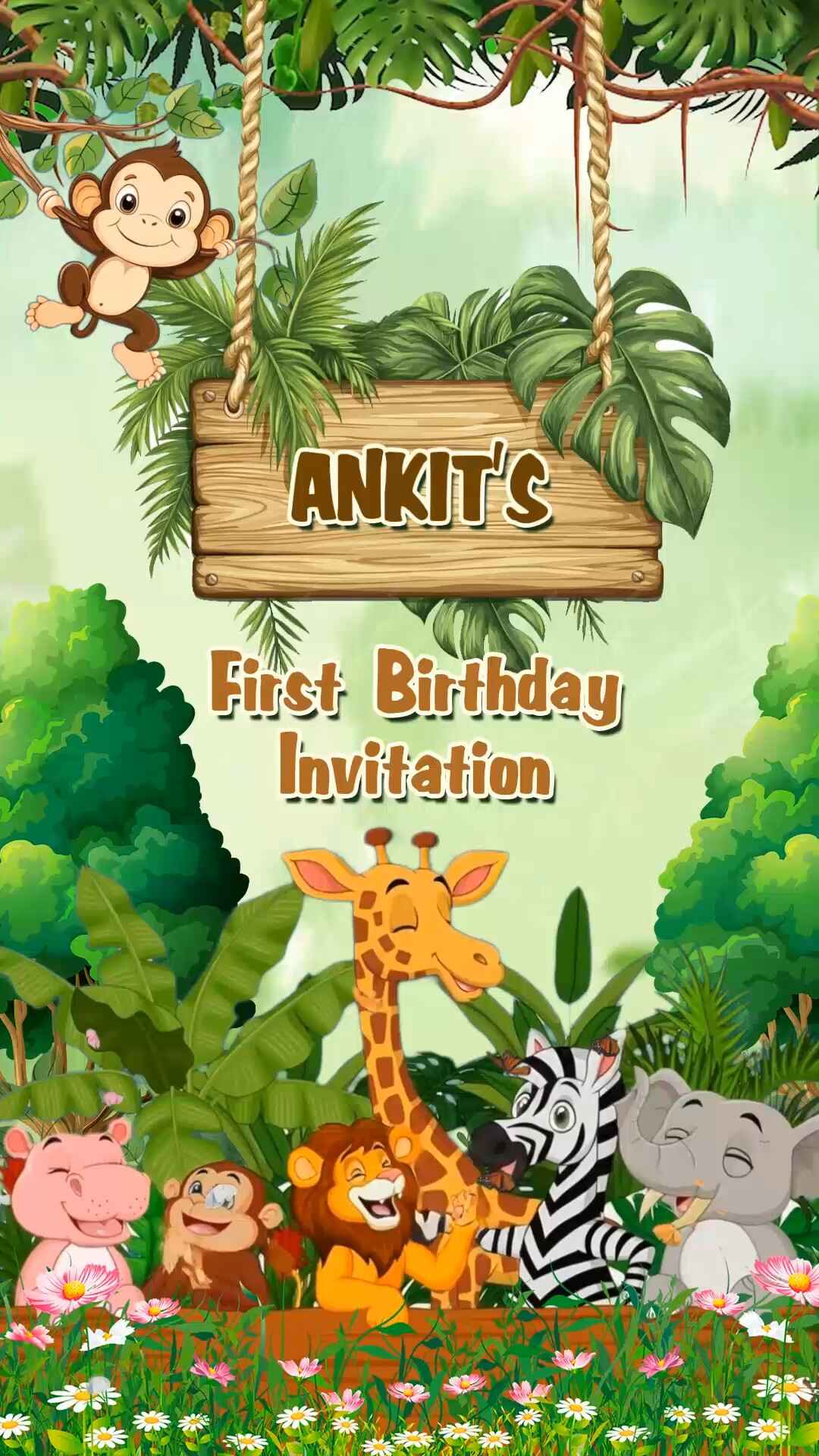Jungle Theme Animated Birthday Invitation Video with Cute Cartoon Animals