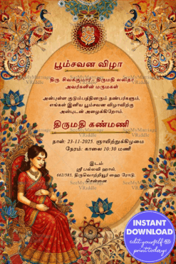 Kalamkari Pumsavana Tamil Invitation with Pregnant Woman, Floral Traditional Motifs and Ornamental Peacocks