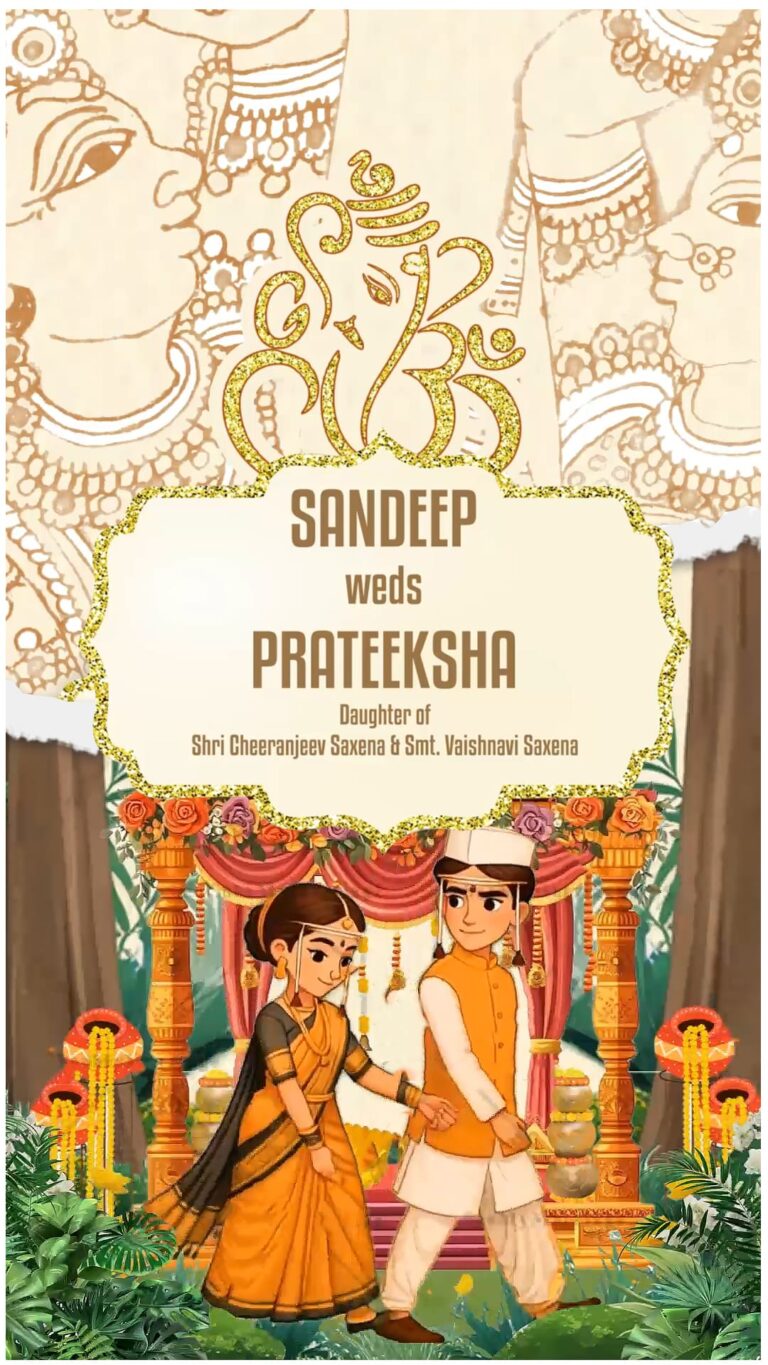 Kalamkari South Indian Wedding Invitation Video with Marathi Couple in Traditional Attire Walking Hand-in-Hand Beneath a Floral Mandap