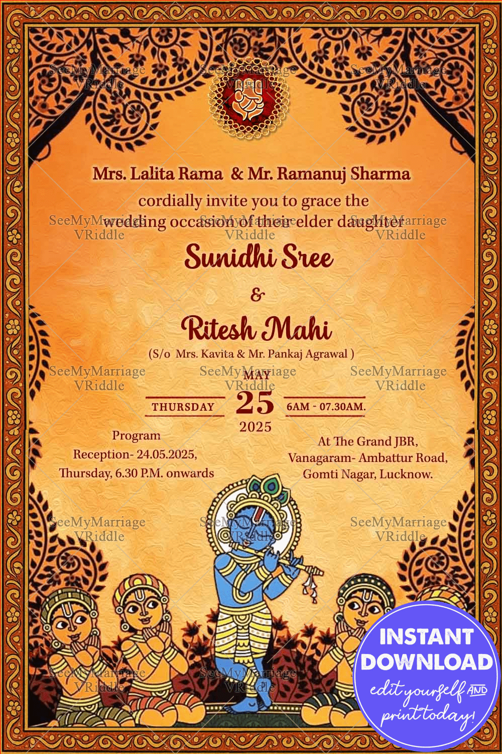 Kalamkari Wedding Invitation card with Lord Krishna artwork, Flute Design and Ethnic Patterns
