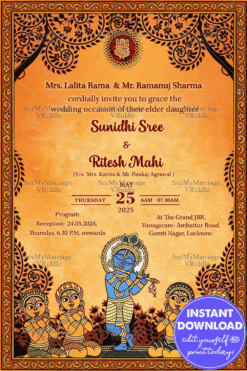 Kalamkari Wedding Invitation card with Lord Krishna artwork, Flute Design and Ethnic Patterns