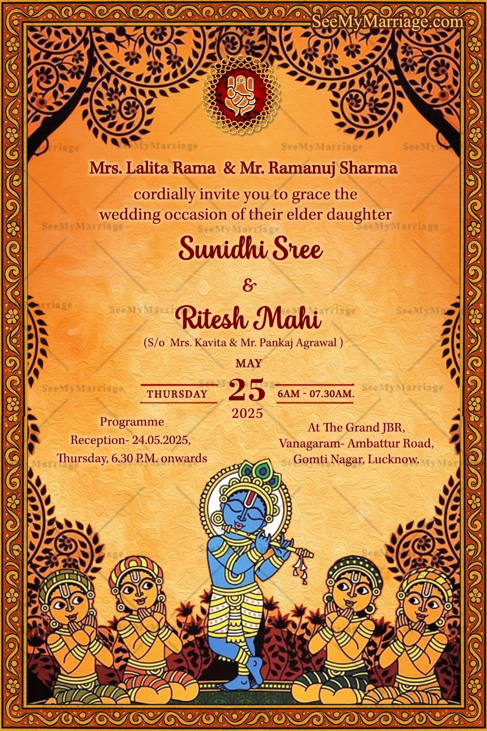 Kalamkari Wedding Invitation card with Lord Krishna artwork, Flute Design and Ethnic Patterns