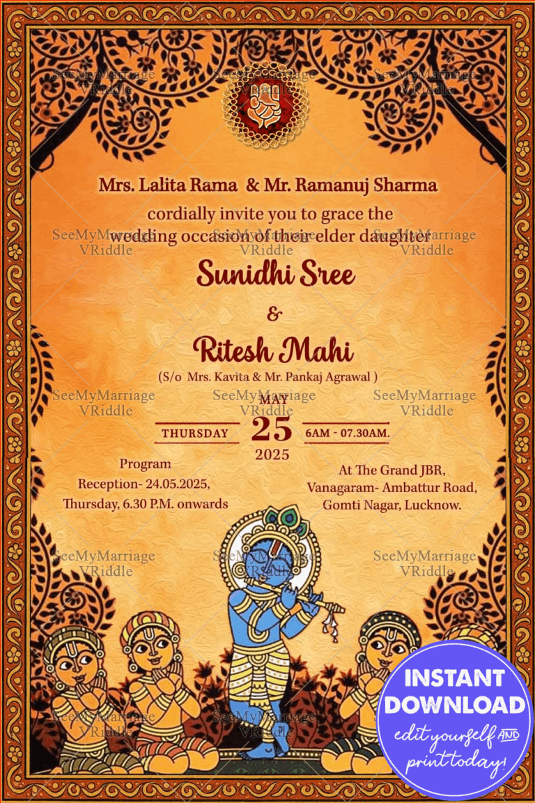 Kalamkari Wedding Invitation card with Lord Krishna artwork, Flute Design and Ethnic Patterns