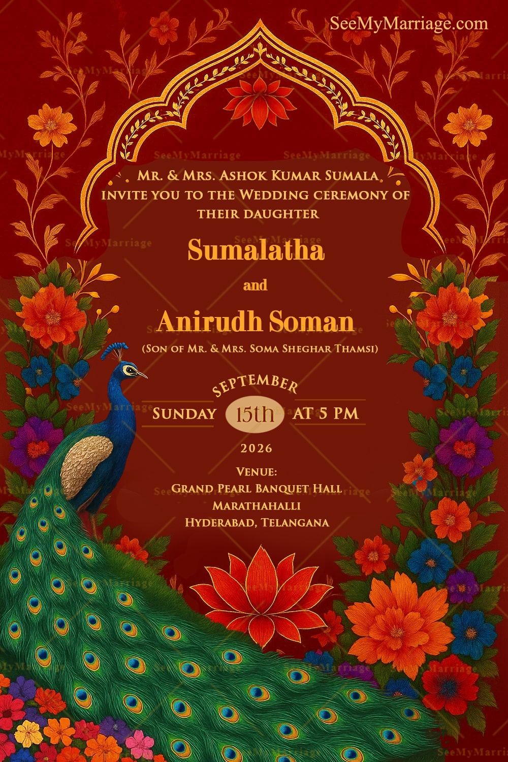 Majestic Peacock Wedding Invitation Featuring Floral Artwork and Ornate Arch Motif in Red Backdrop