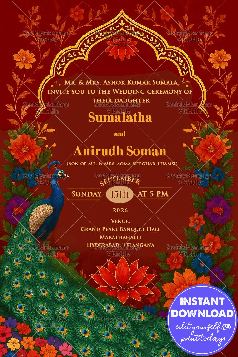 Majestic Peacock Wedding Invitation Featuring Floral Artwork and Ornate Arch Motif in Red Backdrop