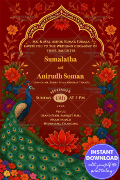 Majestic Peacock Wedding Invitation Featuring Floral Artwork and Ornate Arch Motif in Red Backdrop